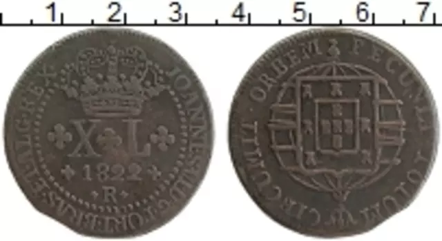 Монета 40 рейс Бразилии 1822 года Медь Жуан