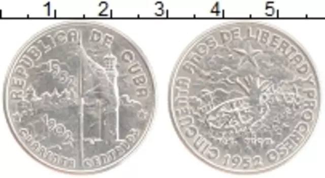 Монета 40 сентаво Кубы 1952 года Серебро 50 лет Республике Куба