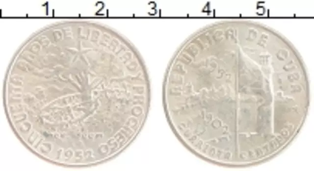 Монета 40 сентаво Кубы 1952 года Серебро 50 лет Республике Куба