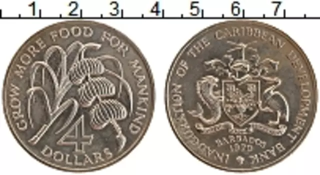 Монета 4 доллара Барбадоса 1970 года Медно-никель ФАО