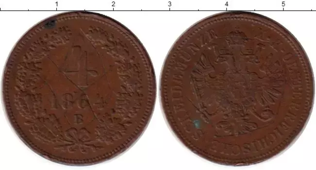 Монета 4 крейцера Австрии 1864 года Медь