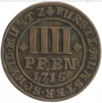Монета 4 пфеннига Мюнстера 1715 года Медь Вензель