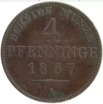 Монета 4 пфеннига Пруссии 1857 года Медь А Герб