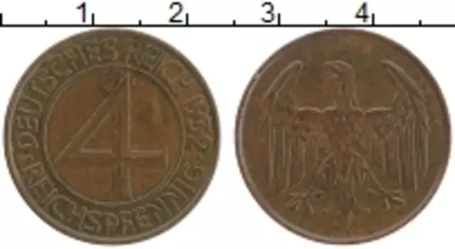 Монета 4 пфеннига Веймарской республики 1932 года Бронза А