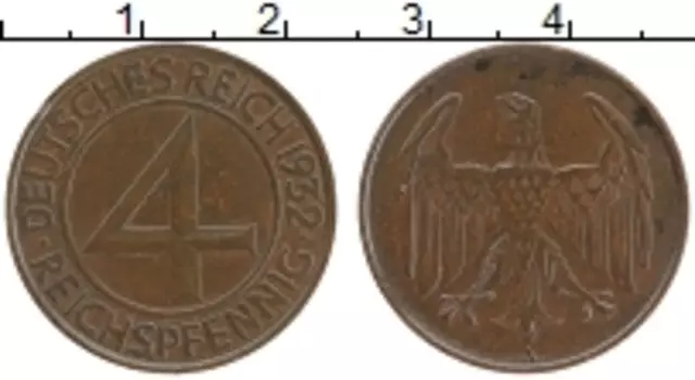 Монета 4 пфеннига Веймарской республики 1932 года Бронза A
