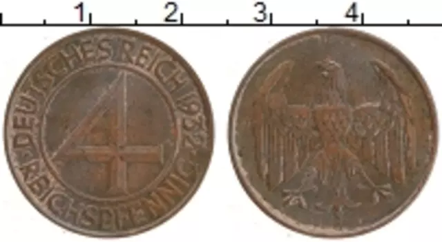 Монета 4 пфеннига Веймарской республики 1932 года Бронза А