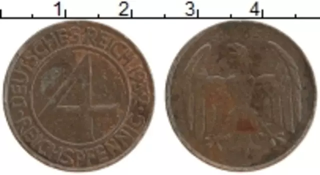 Монета 4 пфеннига Веймарской республики 1932 года Бронза A