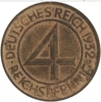 Монета 4 пфеннига Веймарской республики 1932 года Бронза А
