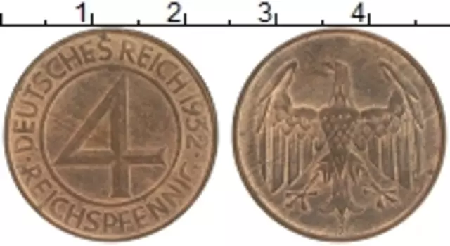 Монета 4 пфеннига Веймарской республики 1932 года Бронза D