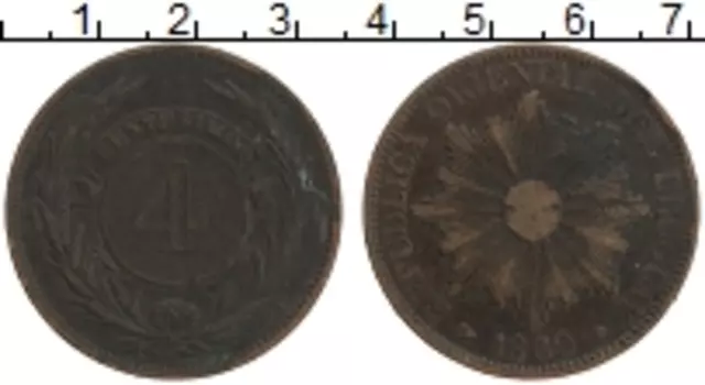 Монета 4 сентесимо Уругвая 1869 года Медь