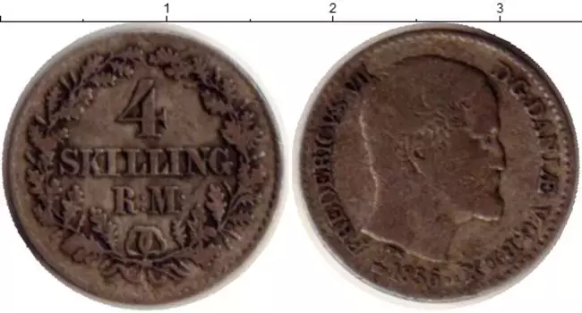 Монета 4 скиллинга Дании 1856 года Серебро Фредерик VII