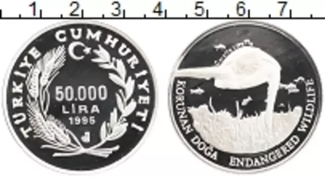 Монета 50000 лир Турции 1995 года Серебро Сохранение животного мира