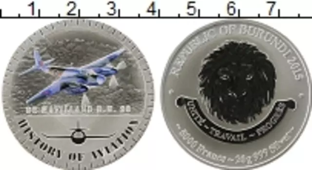 Монета 5000 франков Бурунди 2014 года Серебро Самолет BE HAVILLABD D