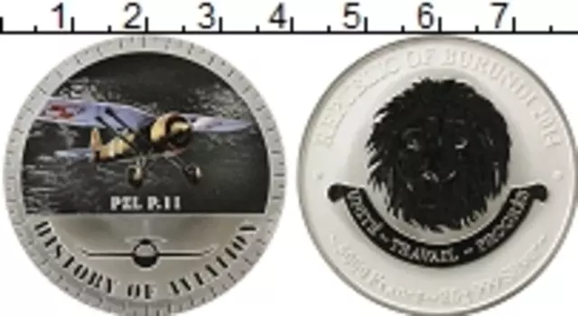 Монета 5000 франков Бурунди 2014 года Серебро Самолет PZL P
