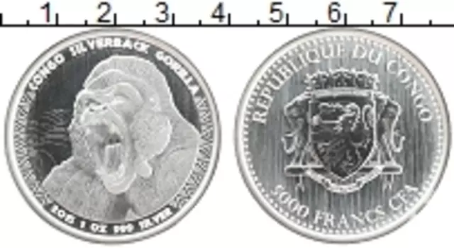 Монета 5000 франков Конго 2015 года Серебро Горилла