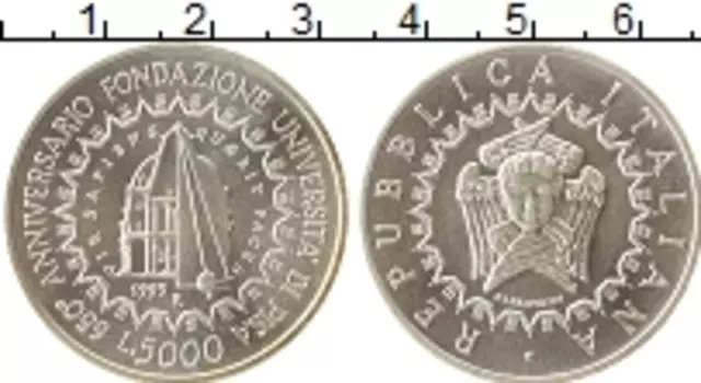 Монета 5000 лир Италии 1993 года Серебро 50 лет со дня основания университета в Пизе
