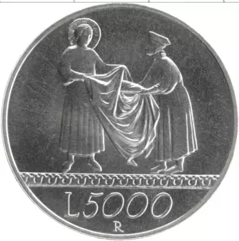 Монета 5000 лир Италии 1999 года Серебро Святой Фрэнсис, продающий ткань торговец