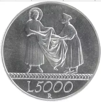 Монета 5000 лир Италии 1999 года Серебро Святой Фрэнсис