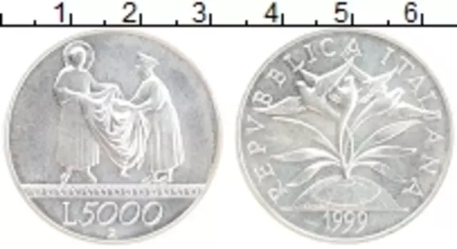 Монета 5000 лир Италии 1999 года Серебро Святой Фрэнсис, продающий ткань торговец
