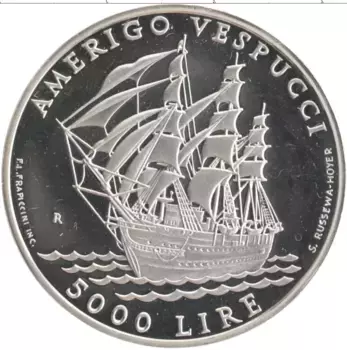 Монета 5000 лир Сан-Марино 1995 года Серебро Мореплаватель Америго Веспуччи
