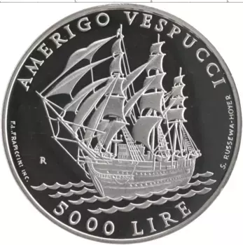Монета 5000 лир Сан-Марино 1995 года Серебро Америго Веспуччи