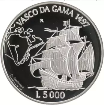 Монета 5000 лир Сан-Марино 1997 года Серебро 500 лет экспедиции Васко да Гама