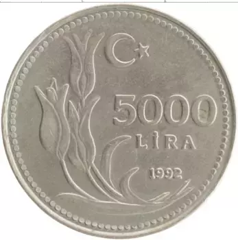 Монета 5000 лир Турции 1992 года Медно-никель Кемаль Ататюрк