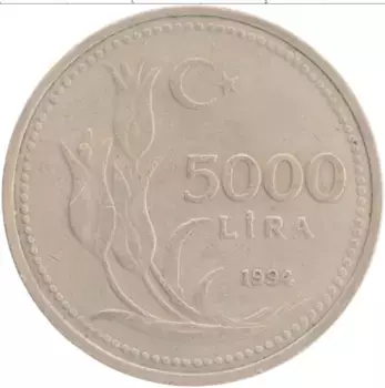 Монета 5000 лир Турции 1994 года Медно-никель