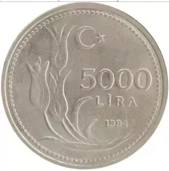 Монета 5000 лир Турции 1994 года Медно-никель Кемаль Ататюрк