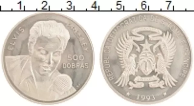 Монета 500 добрас Сан-Томе и Принсипи 1993 года Медно-никель Элвис Пресли