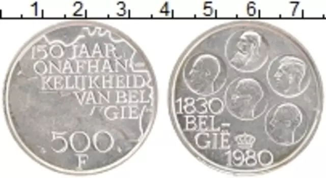 Монета 500 франков Бельгии 1980 года Посеребрение 150 лет Династии
