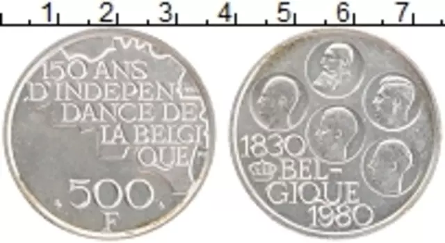 Монета 500 франков Бельгии 1980 года Посеребрение 150 лет Династии
