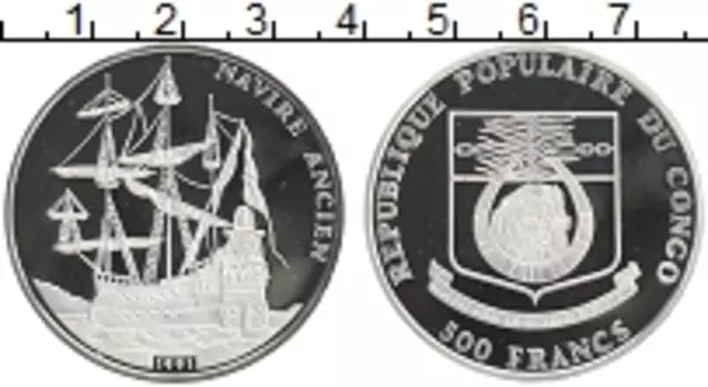 Монета 500 франков Конго 1991 года Серебро История мореплавания - древний корабль
