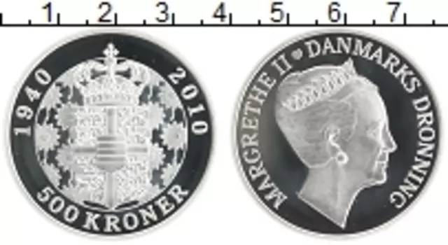 Монета 500 крон Дании 2010 года Серебро 70 лет Маргрете II