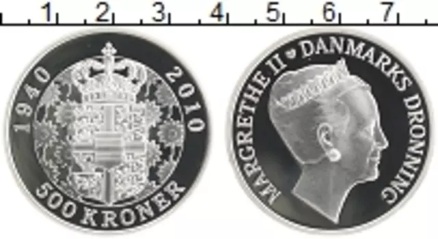 Монета 500 крон Дании 2010 года Серебро 70 лет Маргрете II