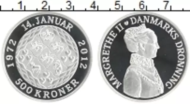 Монета 500 крон Дании 2012 года Серебро 40 лет правления королевы Маргрете II