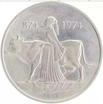 Монета 500 крон Исландии 1974 года Серебро 1100 лет первого поселения