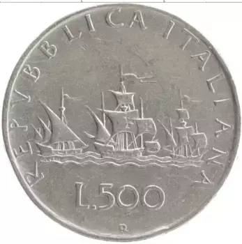 Монета 500 лир Италии 1960 года Серебро Корабли Колумба