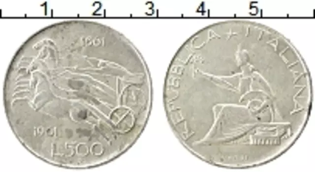 Монета 500 лир Италии 1961 года Серебро 100 лет объединения Италии