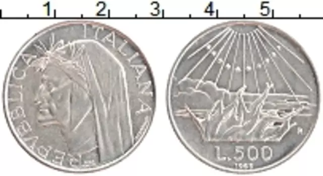 Монета 500 лир Италии 1965 года Серебро 700 лет со дня рождения Данте