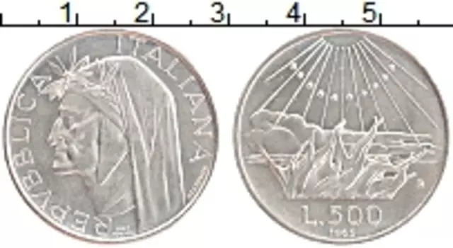 Монета 500 лир Италии 1965 года Серебро 700 лет со дня рождения Данте