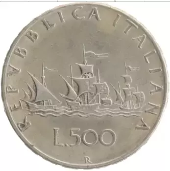 Монета 500 лир Италии 1966 года Серебро Корабли Колумба