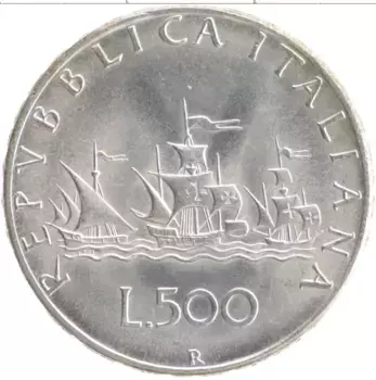 Монета 500 лир Италии 1966 года Серебро Корабли Колумба