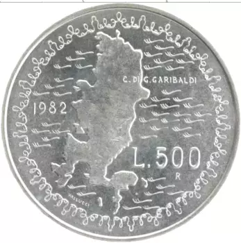 Монета 500 лир Италии 1982 года Серебро 100 лет со дня смерти Джузеппе Гарибальди