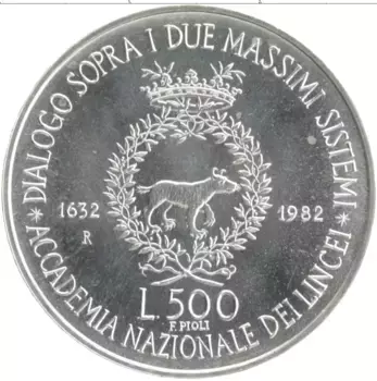 Монета 500 лир Италии 1982 года Серебро 350 лет со дня смерти Галилео Галилея