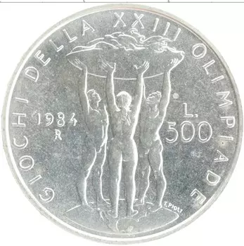 Монета 500 лир Италии 1984 года Серебро Олимпийские игры в Лос-Анжелесе