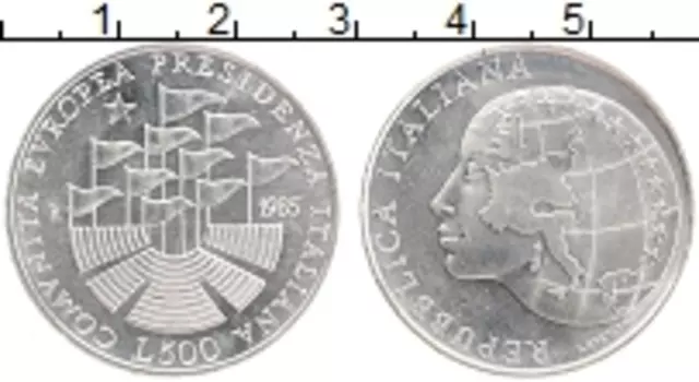 Монета 500 лир Италии 1985 года Серебро Итальянское президентство в ЕЭС