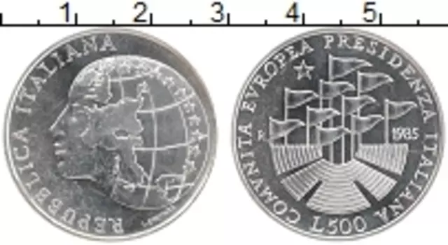 Монета 500 лир Италии 1985 года Серебро Председательство Италии в Совете Европы