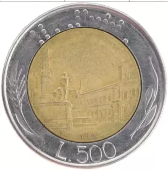 Монета 500 лир Италии 1986 года Биметалл