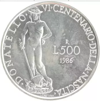 Монета 500 лир Италии 1986 года Серебро 600-летие рождения Донателло